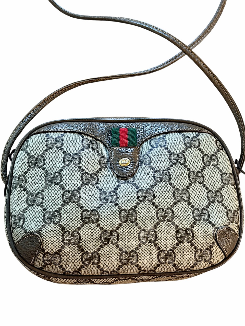 Gucci Beige/Brown Monogram Crossbody with Web Stripe - Picture 2 of 5
